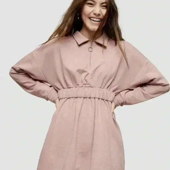 Topshop Zip Collar Cinched Waist Dress Pink NWOT Size 6 Cotton Blend - Picture 1 of 6